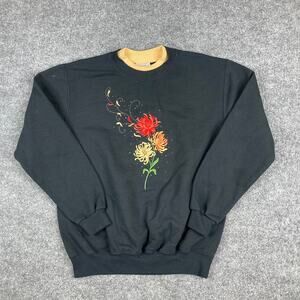 Floral Sweatshirt Womens Size M Black Yellow Collar Flower Graphic Crew Pullover